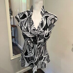 NWT Cache Black & White Geometric Sleeveless Ruffle Blouse, Size Small